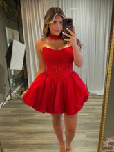 Lace Red Homecoming Dress Strapless Corset Beaded Bubble Hem